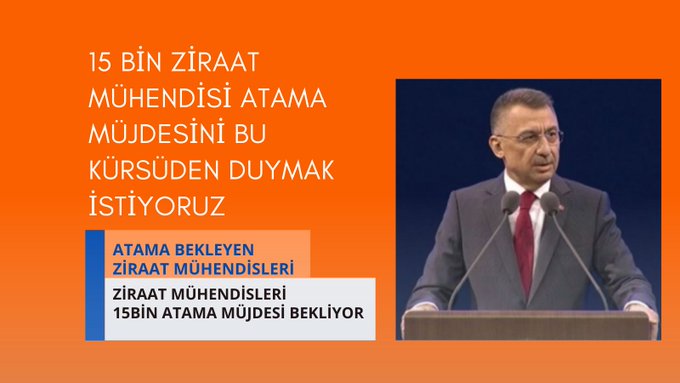 Sayın Cumhurbaşkanım,
ülke olarak zor bir süreçten geçiyoruz, bir milleti tekrardan diriltecek üretimdir.
Ziraat mühendisleri olarak sizlerden talebimiz ivedilikle 15 bin atamadır.
 <a href="/VahitKirisci/">Prof.Dr.Vahit Kirişci</a>
  <a href="/fuatoktay/">Fuat Oktay</a>
 <a href="/ademdinc_/">Adem Dinç</a>
 <a href="/RTErdogan/">Recep Tayyip Erdoğan</a>
  #CbZiraate15BinOnay