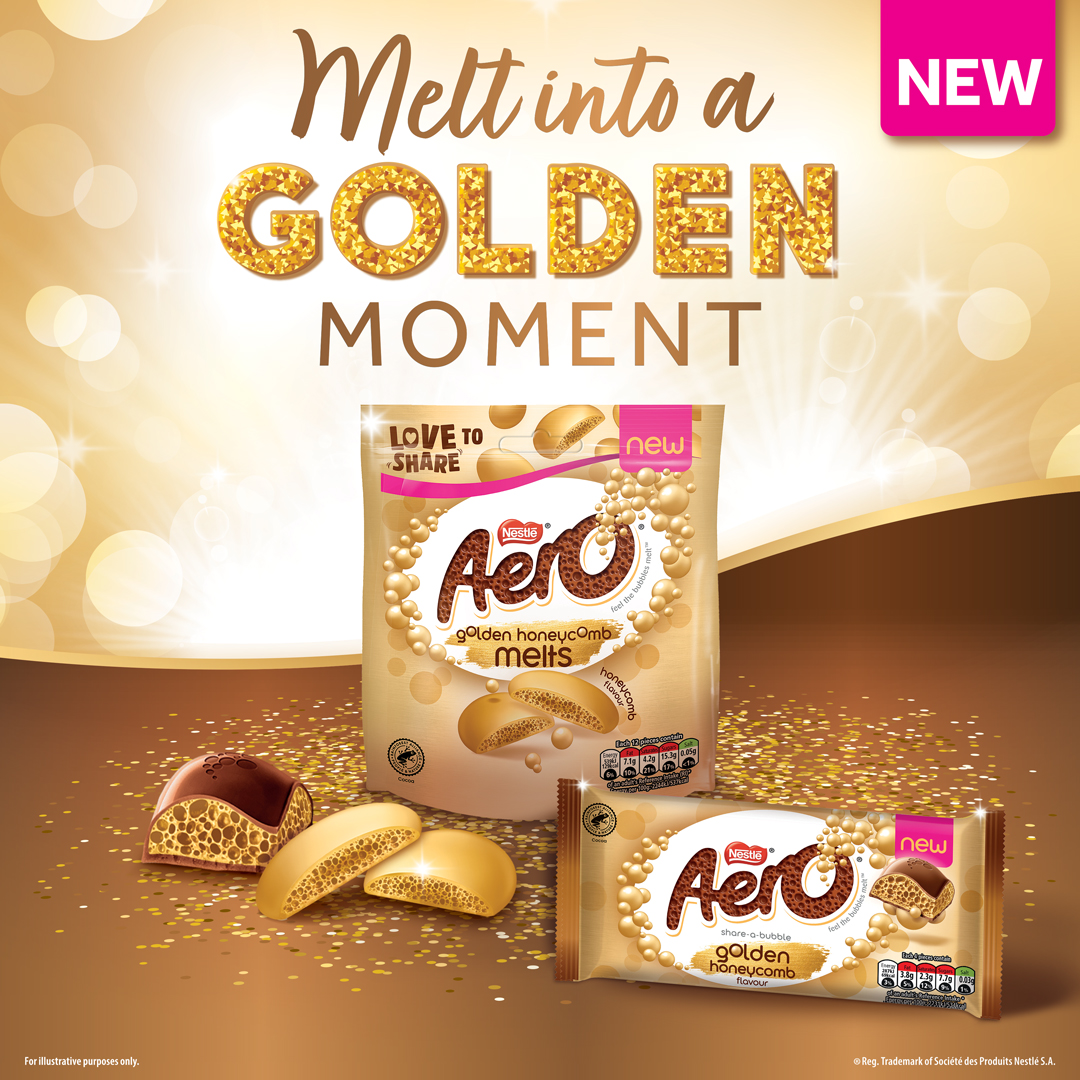 📣📣📣DISCOVER the new AERO Golden Honeycomb Melts and Sharing Bar. 📣📣📣 Melt into a BUBBLY, indulgent honeycomb flavour 🍯 Let us know what you think! 👇 #GoldenCollection