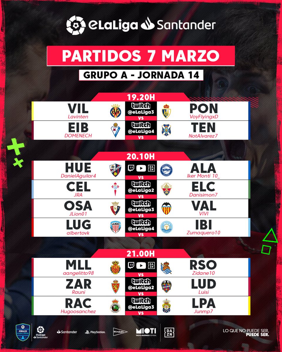 🔥 𝐀𝐋𝐋 𝐎𝐑 𝐍𝐎𝐓𝐇𝐈𝐍𝐆.

⏰ Ha llegado el momento de decidir qué 4⃣ clubes del Grupo A estarán en #eLaLigaSantander Cup.

🗣️ Avisen a sus amigos porque...

¡𝗩𝗔𝗡 𝗔 𝗣𝗔𝗦𝗔𝗥 𝗖𝗢𝗦𝗔𝗦 𝗮 𝗽𝗮𝗿𝘁𝗶𝗿 𝗱𝗲 𝗹𝗮𝘀 𝟭𝟲:𝟬𝟬! 👀