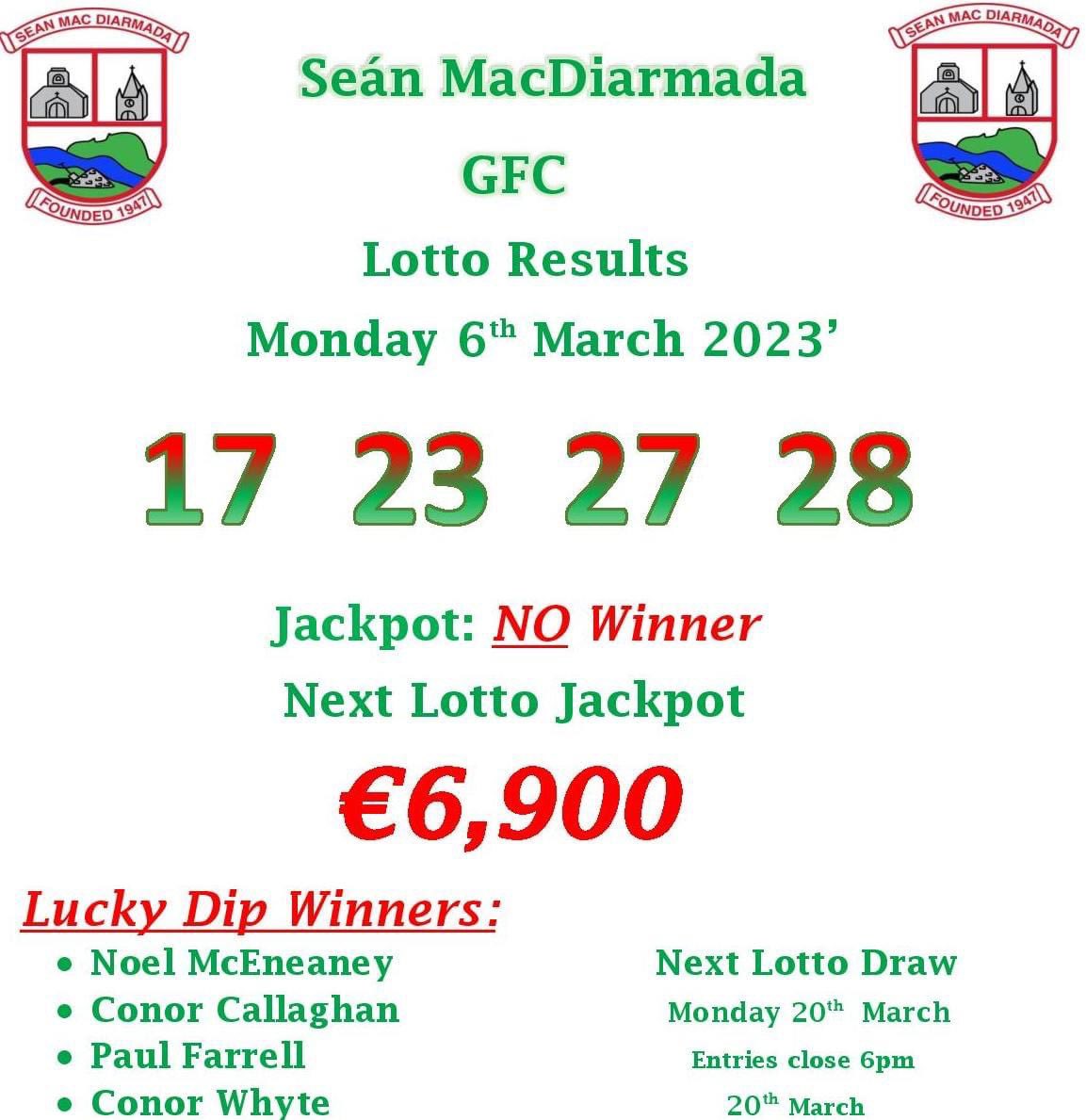 Our Lotto Results for Monday 6th March 23’ 💶

We have No Jackpot Winner

Lotto Jackpot is now €6,900 🔥

Our next draw is Mon 20th March

Thank you for your continued support ❤️💚

#louthgaa #LOTTO #seanmcdermottsgfc #LottoResults #nojackpotwinner #thankyou #foryoursupport ❤️💚