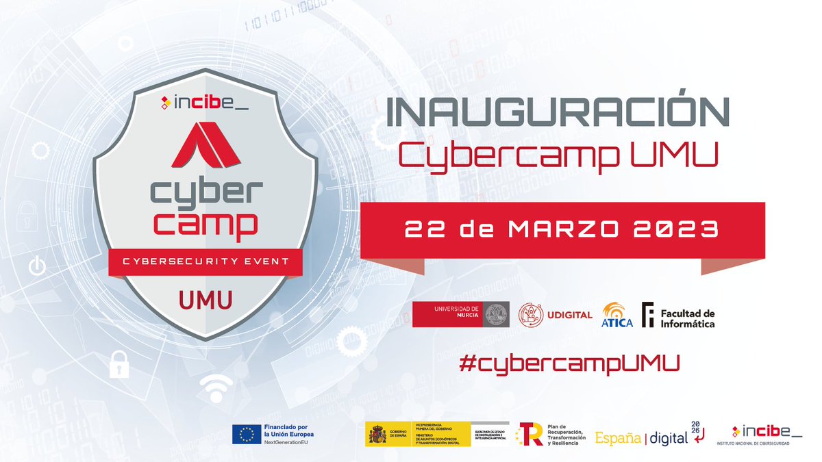 Llega #cybercampUMU, el evento de ciberseguridad de la @UMU en colaboración con @INCIBE ➡️ @CybercampEs

Inauguración: 22/03
Charlas y talleres de la mano de expertos en #ciberseguridad
+ info e inscripción en: eventos.um.es/go/cybercampUMU

¡No te lo puedes perder!
#cybercampMurcia