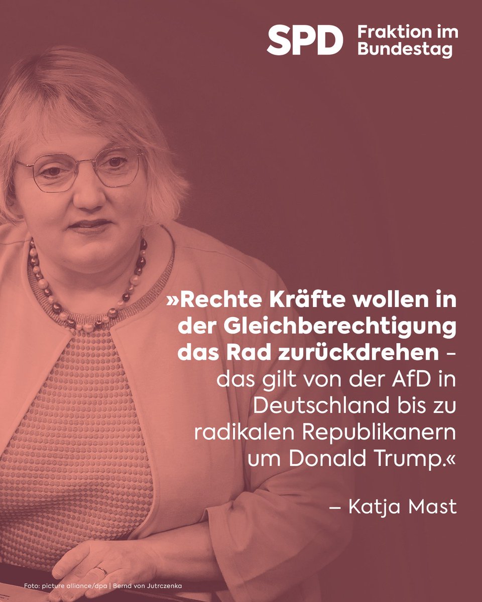"Ich fordere alle politischen Kräfte in Deutschland, Europa und der Welt dazu auf, die Gefahr von rechts für Frauen ernst zu nehmen und sich dagegen zu stellen", so <a href="/KatjaMast/">Katja Mast</a>. Auch Friedrich #Merz müsse endlich die Flanke nach rechts schließen! #Frauentag #EmbraceEquity