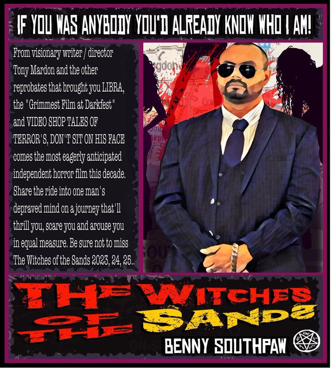 It’s great to be a part of Tony Mardon’s ‘The Witches of the Sands’ & now  immortalised even further as one of the  character card

If you was anybody you’d already know who I am! 

#BeLikeBenny #TWOTS #spreadthehorror #ShareTheHorror #SharetheScreams #promotehorror #rtArtBoost