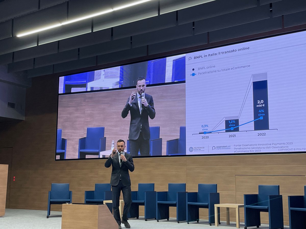 MirandolaCom's tweet photo. "Nel 2022 le transazioni BNPL valgono 2,3 MLD €, +253% rispetto al 2021. L’86% del valore inoltre riguarda acquisti effettuati su Internet,che porta il BNPL a rappresentare il 4% di penetrazione nel mondo online" Matteo Risi Ricercatore @Osserv_Digital #InnovativePayments #OIP23 https://t.co/vo2QI1CaRq