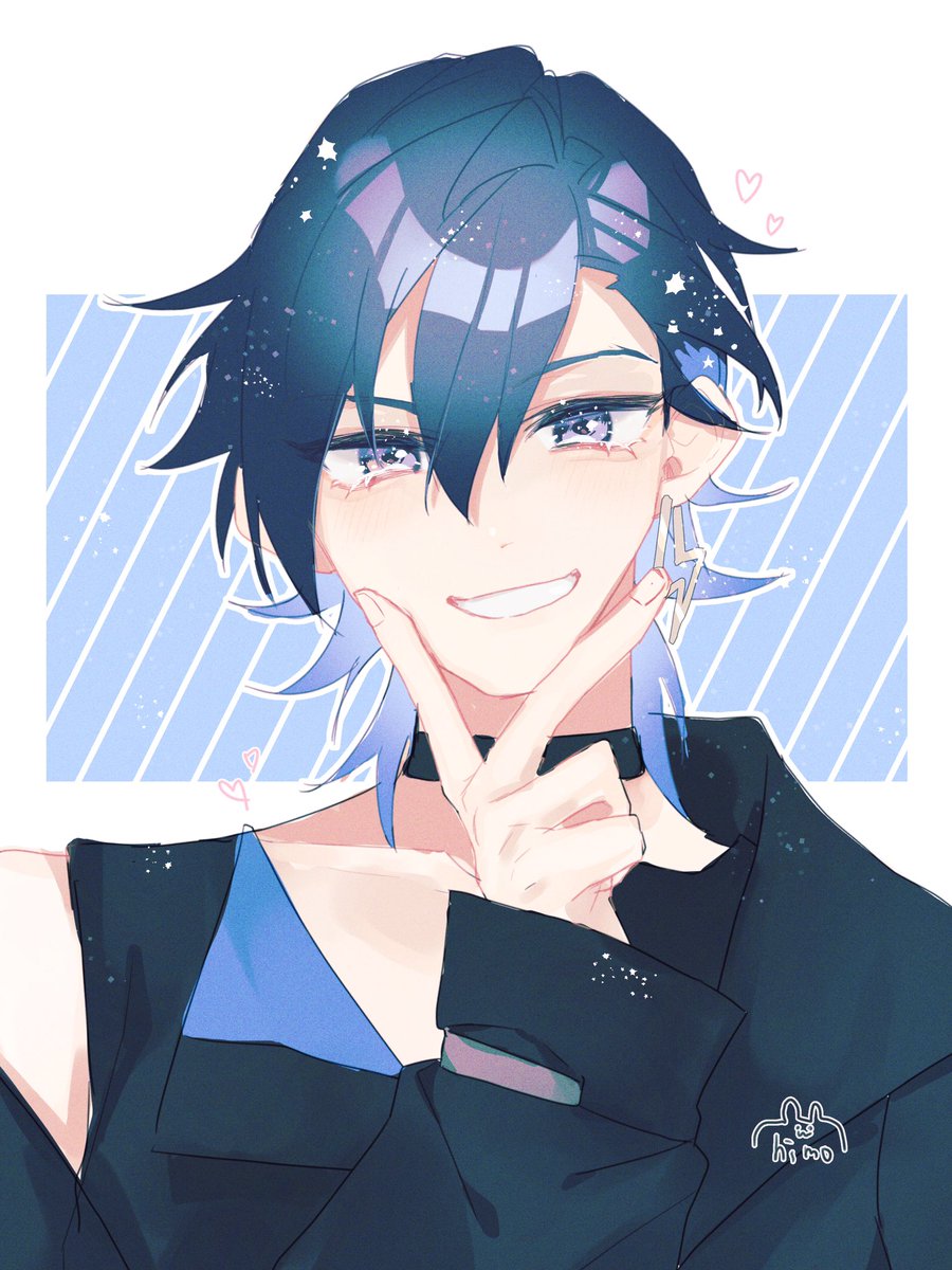 male focus 1boy blue hair solo smile jewelry choker  illustration images