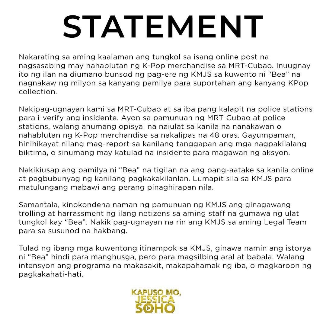 READ: Statement ng KMJS kaugnay ng kuwento ni 'Bea' na nagnakaw ng milyon sa kanyang pamilya para suportahan ang kanyang K-Pop collection