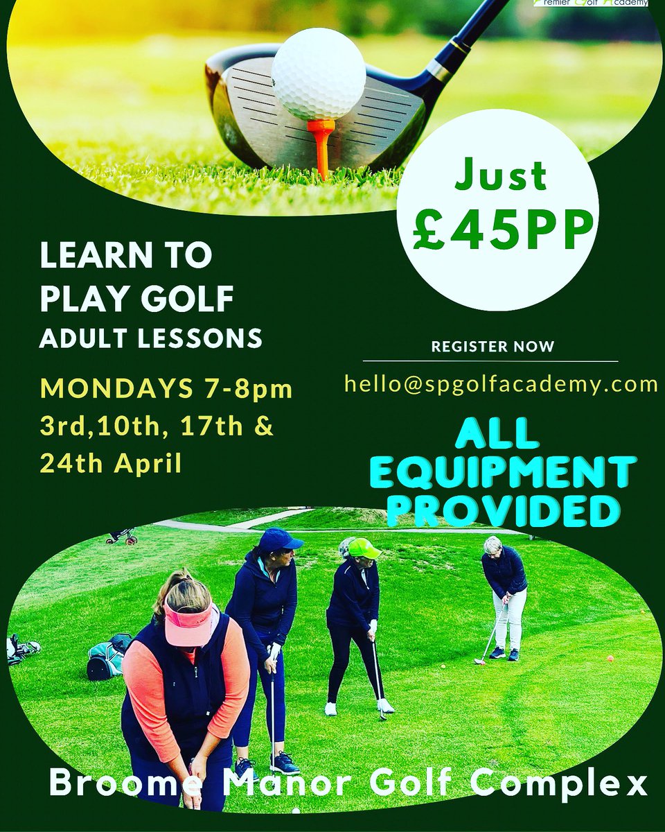 SPGolfAcademy (@spgolfacademy) on Twitter photo ⛳️Learn To Play Golf⛳️
Adult starter class starts Monday 3rd April 7-8pm at <a href="/broomemanorgolf/">Broome Manor Golf Complex</a>, just £45pp😳and ALL equipment is provided 👍🏼
Places are limited so to book ⬇️
📧hello@spgolfacademy.com
#learntoplaygolf #golflessons #swindon #wiltshire ⛳️Learn To Play Golf⛳️
Adult starter class starts Monday 3rd April 7-8pm at <a href="/broomemanorgolf/">Broome Manor Golf Complex</a>, just £45pp😳and ALL equipment is provided 👍🏼
Places are limited so to book ⬇️
📧hello@spgolfacademy.com
#learntoplaygolf #golflessons #swindon #wiltshire