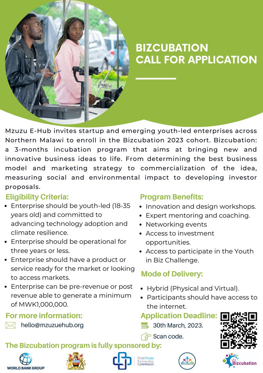 Opportunity for startup or emerging entrepreneurs
looking  to expand skills and knowledge in #entrepreneurship  #technology  #innovation 
Apply #bizcubation 2023 cohort via 
forms.gle/oYgsgrzjy6ANh8… 

#bizcubation #youthinbiz #technology #environment #enterprisesupport #malawi