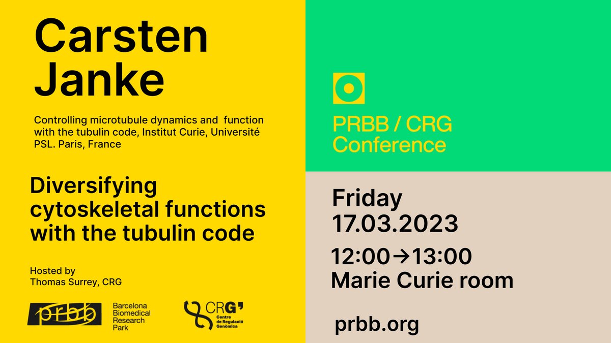 🔴 TODAY‼️ 📣 PRBB-CRG conference 📋 Diversifying cytoskeletal functions with the tubulin code 🗣️ Carsten Janke (@carstenjanke), @institut_curie 📆 Mar 17 - ⏰ 12:00 CET hosted: Thomas Surrey (@surrey_lab) - @CRGenomica 📍 #PRBB Marie Curie Room