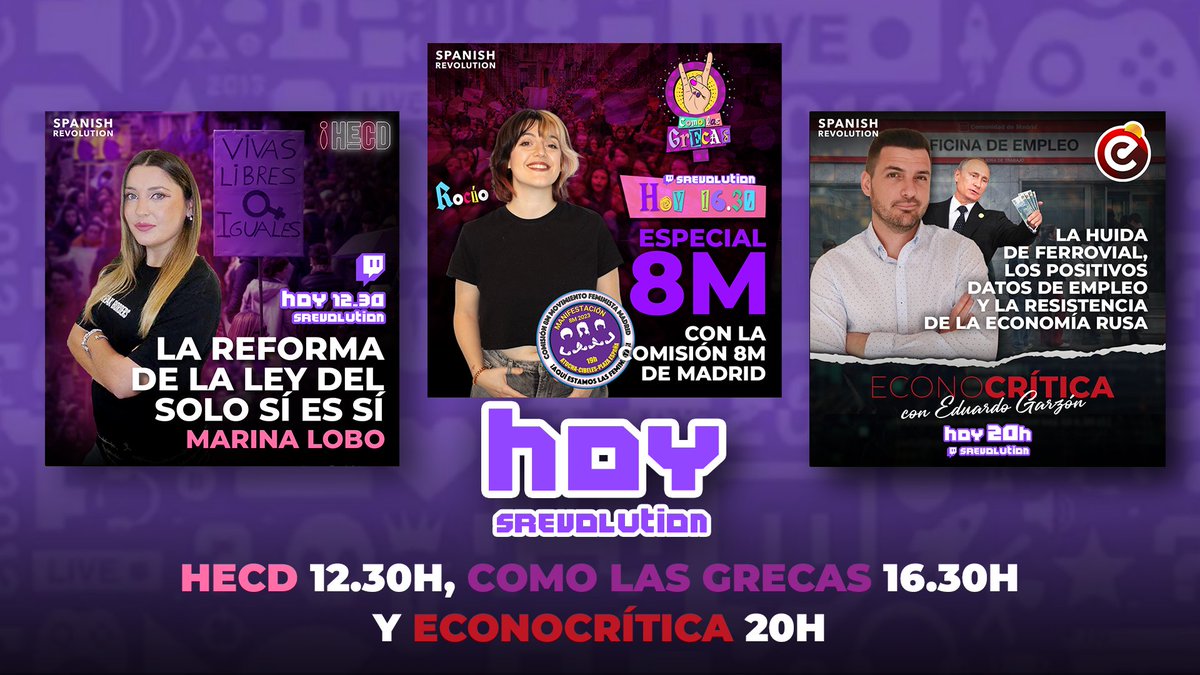 Hoy con tres programas en @Spanish_Revo: 

🟪 12.30h aproximadamente ❗️#HECD de 
@marinaLobL
 
⚧️ 16.30h #ComoLasGrecas de @RocioEsperilla

🟥 20h #EconoCrítica de @edugaresp
 
👇Desde canal de #Twitch de @Spanish_Revo
 twitch.tv/srevolution