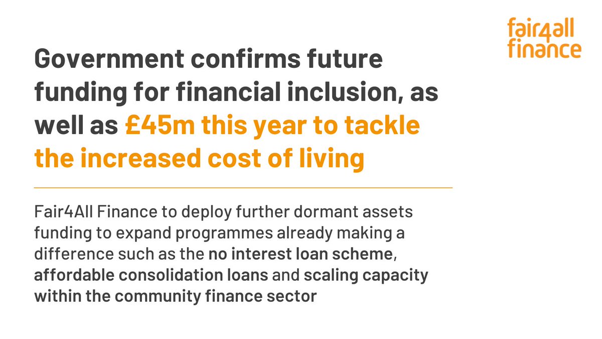 We're delighted that #financialinclusion will remain a named cause of the expanded #DormantAssets Scheme. Long term funding will have a vital impact on the millions of people in financially vulnerable circumstances.

fair4allfinance.org.uk/government-con…