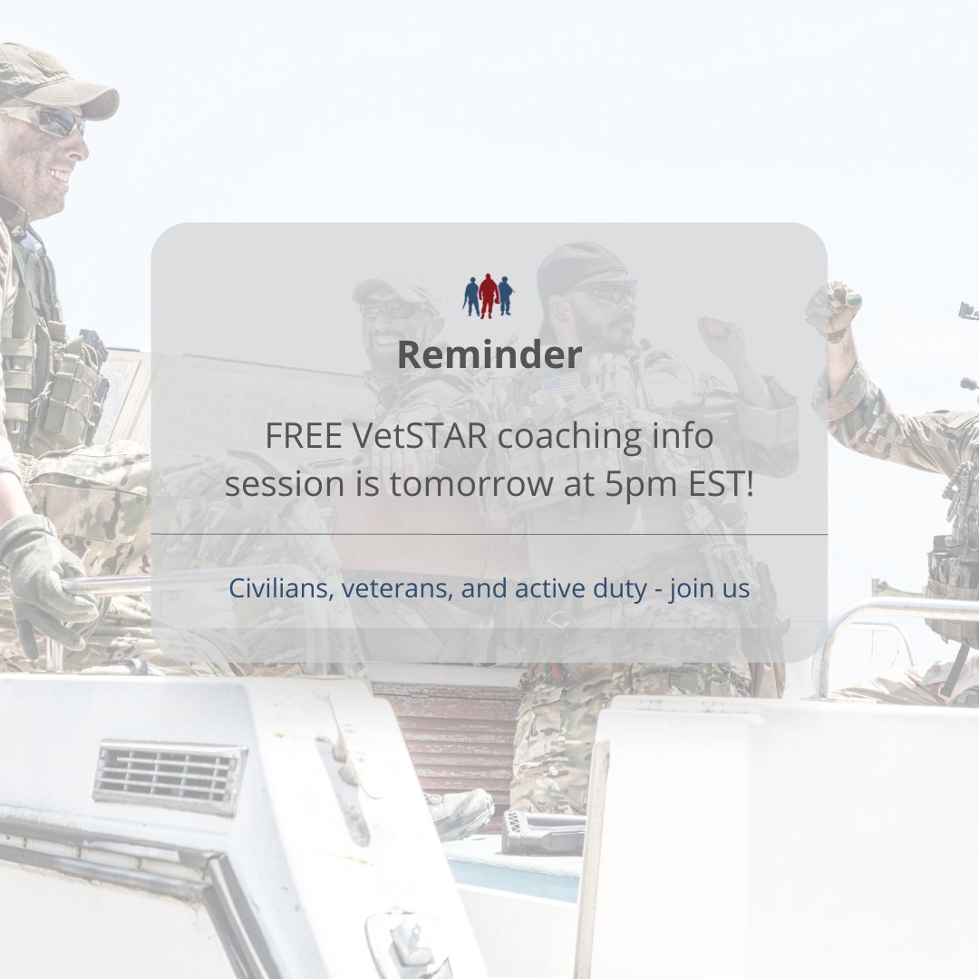 On a scale of 1-10, where do you rate on living your life intentionally? Where do you rate on feeling a sense of purpose?

Join us for a VetSTAR coaching info session tomorrow at 5pm EST to see what it's all about. Grab the Zoom link at bit.ly/3JfAaVu.