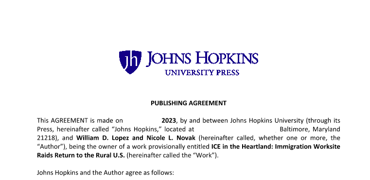 Well my wonderful twitter fam, it's finally time to share some amazing news. I just signed a contract with <a href="/JHUPress/">Hopkins Press</a> press for my second book, ICE in the Heartland: Immigration Worksite Raids Return to the Rural US. 📘😭 

I can't wait for you to hold the book in your hands.