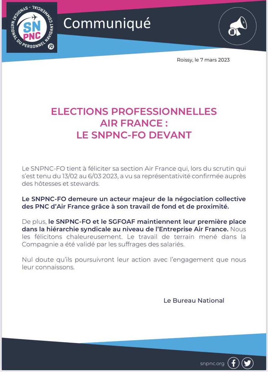 Élections professionnelles AIR FRANCE : Le SNPNC-FO devant #AirFrance #electionsprofessionnelles