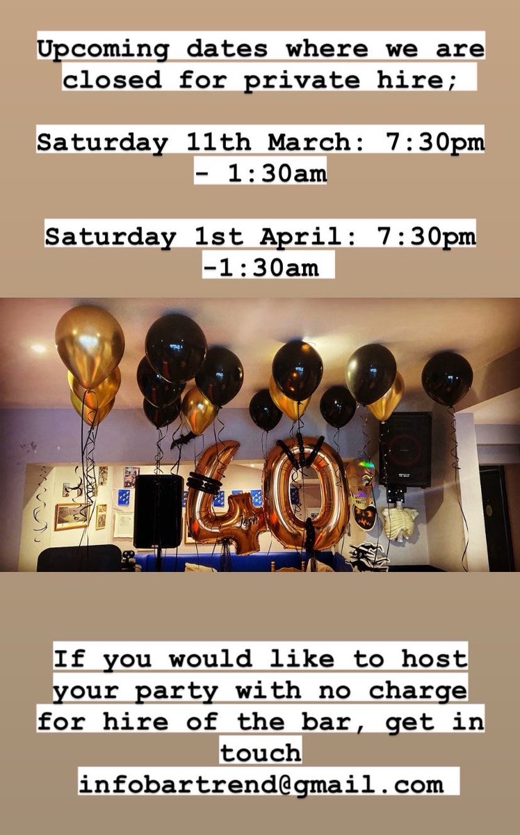 Bar_Trend's tweet image. Are you looking for a venue to hire? We’re the perfect place. 

🍤 Buffet options.
🥳 No hire fee.
🥂 Centre of town, with parking nearby. 
😍 We can provide a DJ &amp;amp; licensed door staff. 

#Crowborough #PrivateHire #Event #Functions #Birthdays #Celebrations