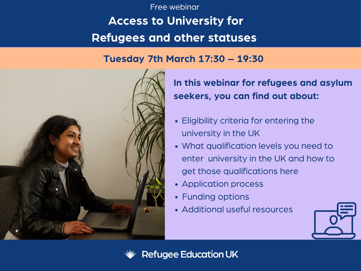 📢 We are running a free webinar on Accessing University for refugees and asylum seekers today at 17.30

Book your place below, or share this information with anyone who might be interested!

➡️ eventbrite.co.uk/e/workshop-acc…

#Educationforall #RefugeesWelcome