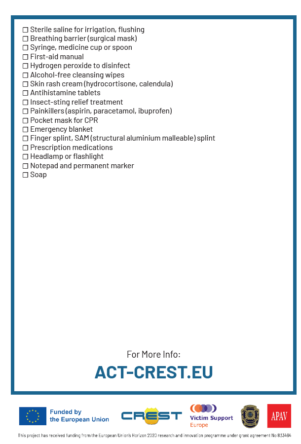 CrestProject's tweet image. First Aid kit: Company 

@VictimSupportEU 

#firstaid #CRESTCampaign 
#ACTCREST #CRESTPROJECTEU
#TerrorismAwareness #StayAlert #EmergencyPreparedness  #StayInformed #SafetyFirst #ProtectYourself #EuropeAgainstTerrorism #VSE