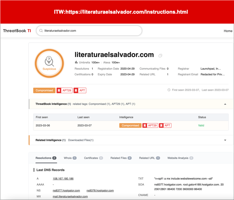 Quick update on #APT29: discovering a parent sample of the previous one. 

filename: Instructions.html
md5:68fd2c59b770ab7bef3c5dc8d2b43e94
drop file:Instructions.iso67a6774fbc01eb838db364d4aa946a98

domain intelligence:
threatbook.io/domain/literat…

#ThreatHunting #Threat #APT
