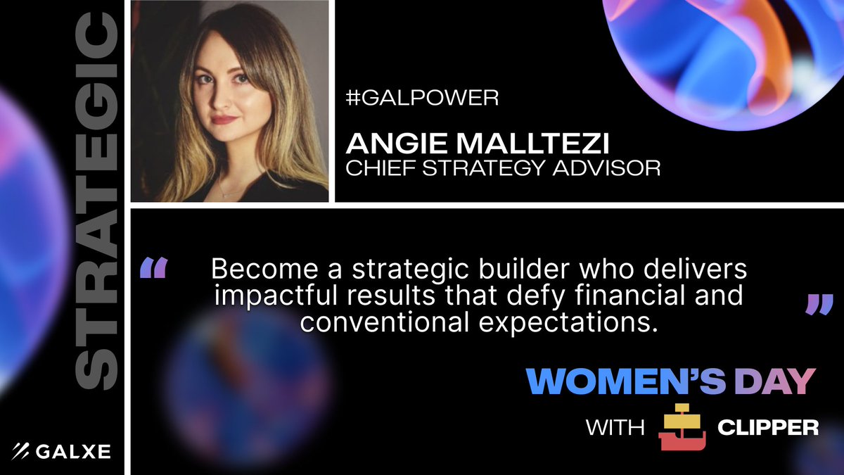 Galxe (@galxe) on Twitter photo .<a href="/Clipper_DEX/">Clipper🏴☠️</a> is a decentralized exchange built for traders💫
<a href="/angiemalltezi/">Angie Malltezi</a>, Chief Strategy Advisor, leads a team committed to delivering impactful results that defy financial expectations.
gal.xyz/WomensDayClipp… .<a href="/Clipper_DEX/">Clipper🏴☠️</a> is a decentralized exchange built for traders💫
<a href="/angiemalltezi/">Angie Malltezi</a>, Chief Strategy Advisor, leads a team committed to delivering impactful results that defy financial expectations.
gal.xyz/WomensDayClipp…