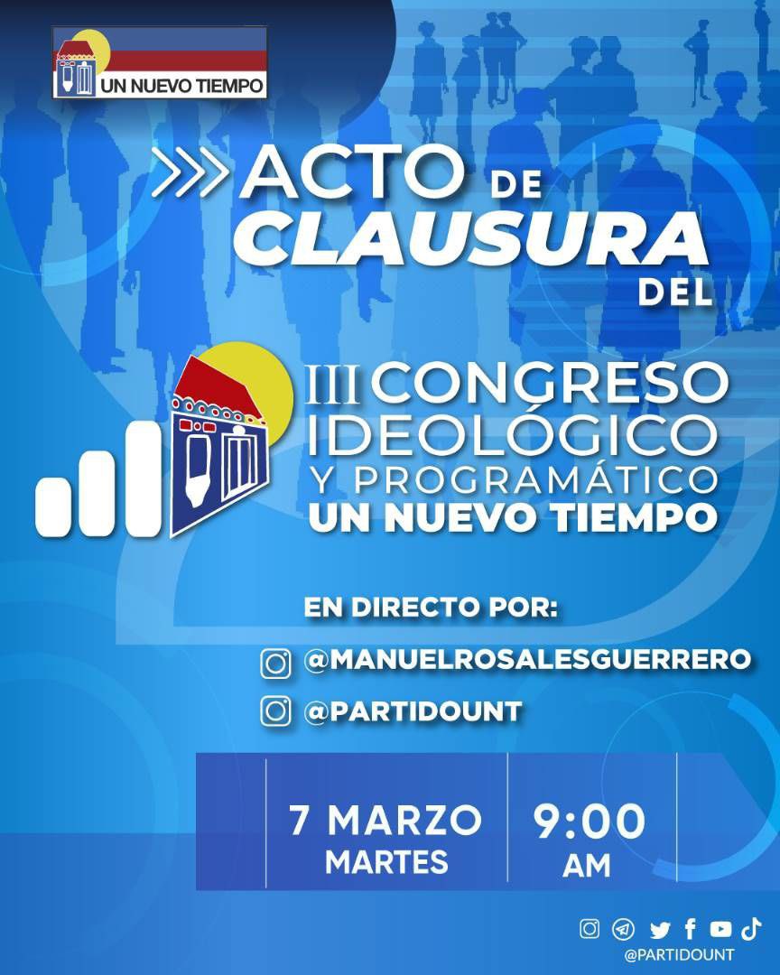 Hoy estaremos presentes en el III Congreso Ideológico y Programático del @partidoUNT. Seguimos consolidándonos como una fuerza política, demócrata social, que trabaja por la libertad y el cambio de Venezuela. #UNTEsperanzaYCambio #07Mar