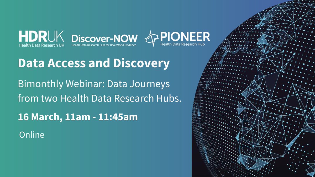 HDR_UK's tweet image. 📢 Come along to our March Data Access and Discovery webinar. 

We'll be joined @AmandaLucasNHS from @DiscoverNOWhub and @GallierSuzy from @pioneer_hub to explore some of the data services and expertise available via these Hubs! 

Register here ➡️ bit.ly/3mAjyPG