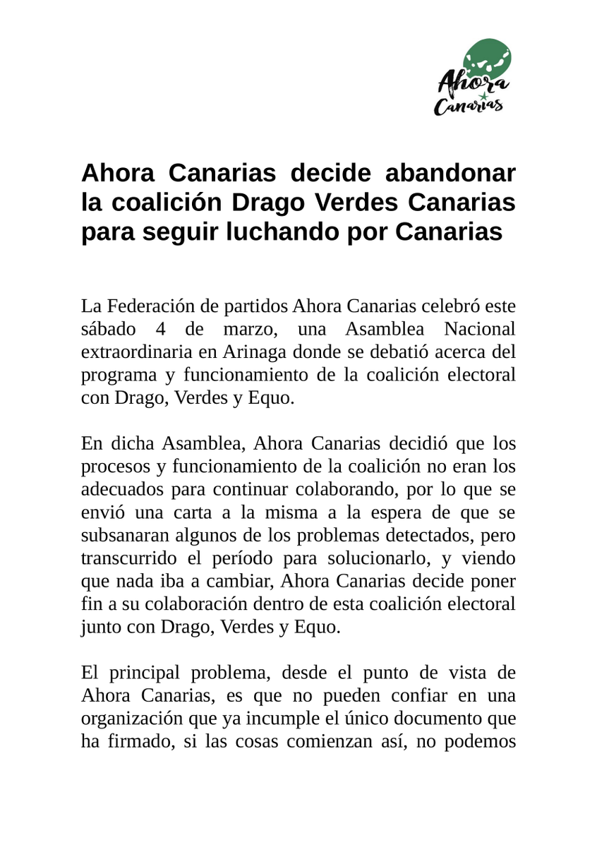 AhoraCanarias's tweet photo. Ahora Canarias decide abandonar la coalición Drago Verdes Canarias para seguir luchando por #Canarias https://t.co/DdnJhyyqrj