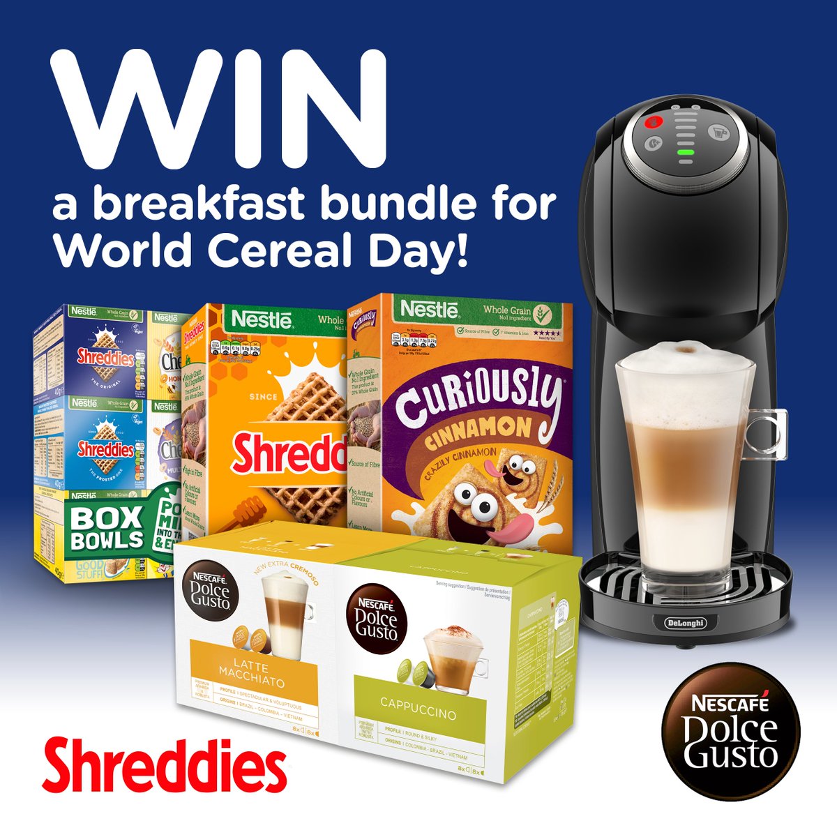 🎉 It's World Cereal Day! To celebrate we’re giving a chance to win a breakfast bundle with <a href="/DolceGustoUK/">NESCAFÉ Dolce Gusto</a> &amp; <a href="/ShreddiesUK/">Shreddies UK</a> ☕️🥣✨

To ENTER: 
🥣 FOLLOW <a href="/ShreddiesUK/">Shreddies UK</a> &amp; <a href="/DolceGustoUK/">NESCAFÉ Dolce Gusto</a> 
🥣 LIKE this post
🥣 RETWEET who you would share this with along with #WorldCerealDay

T&amp;Cs apply 👇