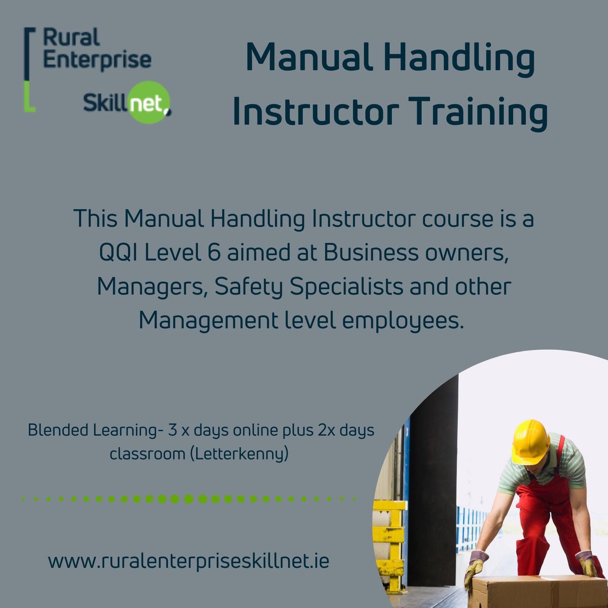 Manual Handling Instructor training programme intended for those wishing to deliver in-house training. 

Booking &amp; Dates: ruralenterpriseskillnet.ie/.../manual.../

#business #instructortraining #management #employeedevelopment #upskill #training #manualhandling #hospitality #retail