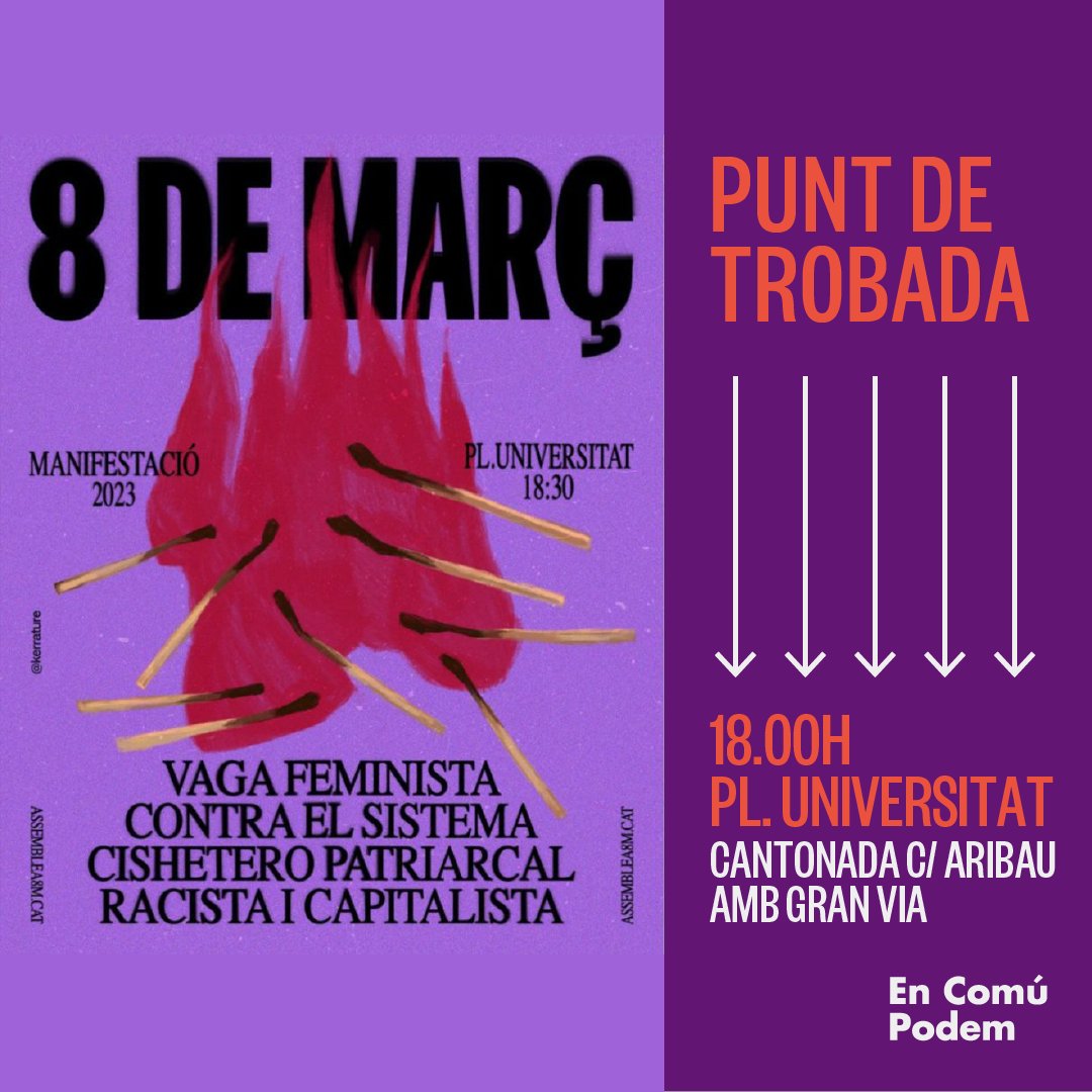 ✊💜Demà, #8M, omplirem els carrers per deixar clar que el feminisme és de sentit comú!

Ens trobem a

🟣#Barcelona a les ⏰ 18 h, 📍Pl. Universitat

🟣#Tarragona a les ⏰ 12h, 📍Pl. Imperial Tarraco

🟣#Lleida a les ⏰18.30h, 📍Pl. 8M

🟣#Girona a les ⏰18h, 📍Pl. Independència
