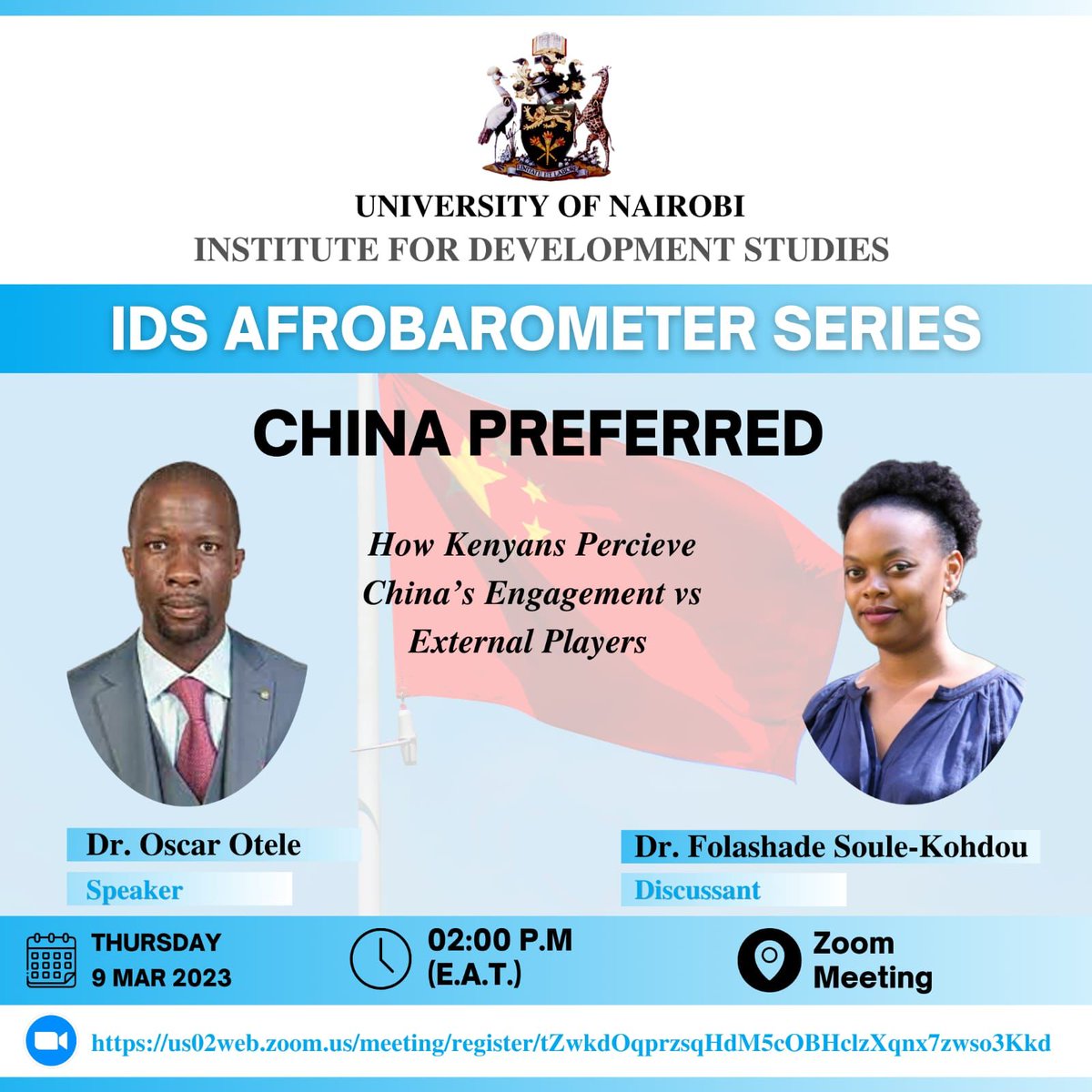 China’s engagement in Africa has expanded and is a subject of debate and scrutiny.  Happening this Thursday, How do Kenyans perceive China’s
engagement?  @IDS_UONBI, @uonbi,@folasoule,@Otele_Oscar  #IDSUoNResearch, #IDSAfrobarometerSeries
#IsChinaPreferred?
#WeAreUoN