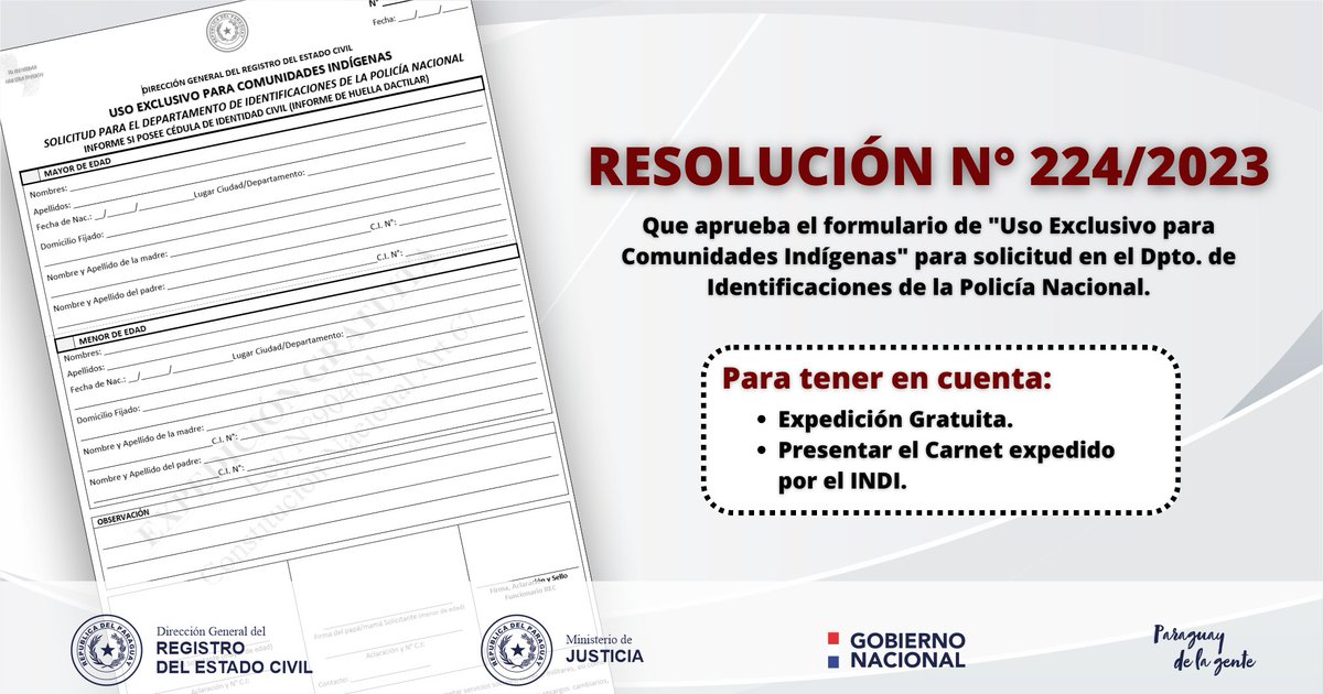 En el marco del avance y fortalecimiento institucional, la DGREC pone a conocimiento la vigencia del Formulario para Comunidades Indígenas para solicitar informe al Dpto. de Identificaciones.

Más info en🔗: bit.ly/3SWt0ZN