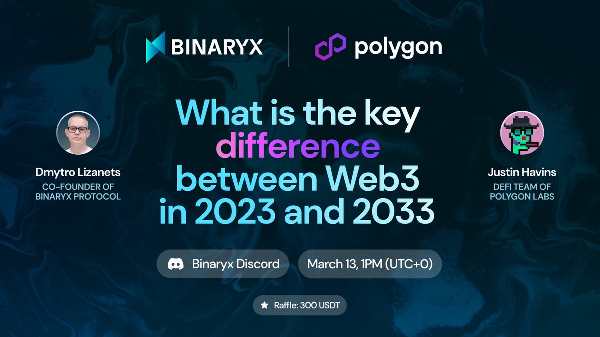 It will be really HOT! 🔥

Meet our next podcast guest on <a href="/link3to/">Link3</a>, <a href="/Crypto_Texan/">Crypto Texan | katana ⚔️</a> from <a href="/0xPolygon/">Polygon</a>! 😍

📢 Topic: "What is the key difference between Web3 in 2023 and 2033"
📆 Time and place: March 13, 01PM (UTC+0) | Binaryx Discord channel
📎 Raffle: 300 USDT