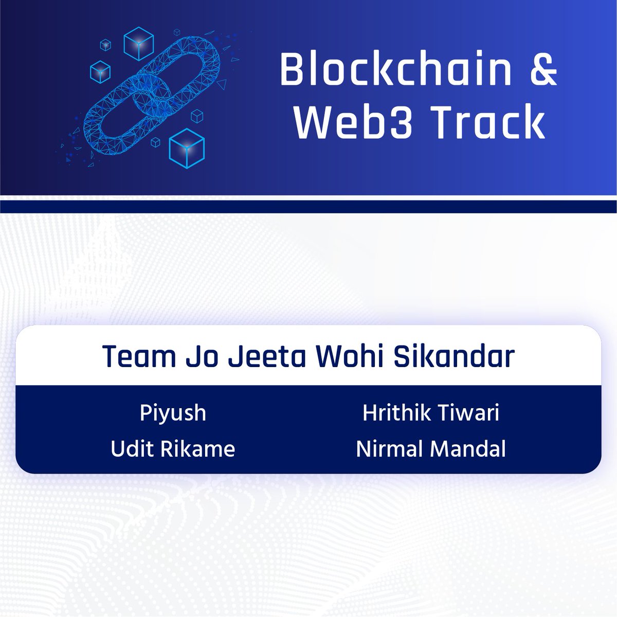 hack2skill's tweet photo. 🎊Congratulations for becoming the finalist🎊

Team- Jo Jeeta Wohi Sikandar from India
◼️ Hrithik Tiwari
◼️ Piyush
◼️ Udit Rikame
◼️ Nirmal Mandal

@Uditttt1 @hrithikwins 
@ICC #NEXTIN #hackathon #finalist #bengaluru #offlinehackathon #india #blockchain #web3 #crickethackathon https://t.co/8tf2qLCvR3