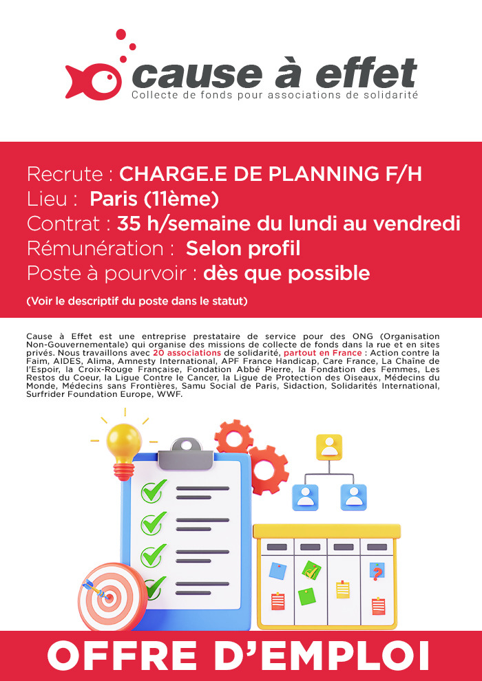 Cause à Effet recrute un.e Chargé.e de planning ! 
Pour postuler :  causeaeffet.com/recrutement/#7
