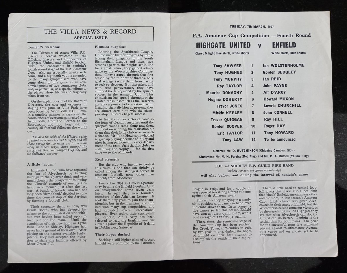 AndrewUllah's tweet image. OTD 1967 @AVFCOfficial staged the replayed Amateur Cup 4th Rd tie between @HighgateUnited &amp;amp; @EnfieldFC The original meeting was abandoned after 25m when several players were struck by lightning during the game. Sadly Tony Allden died of his injuries🙏🏽🏐 #TonyAllden #Highgate