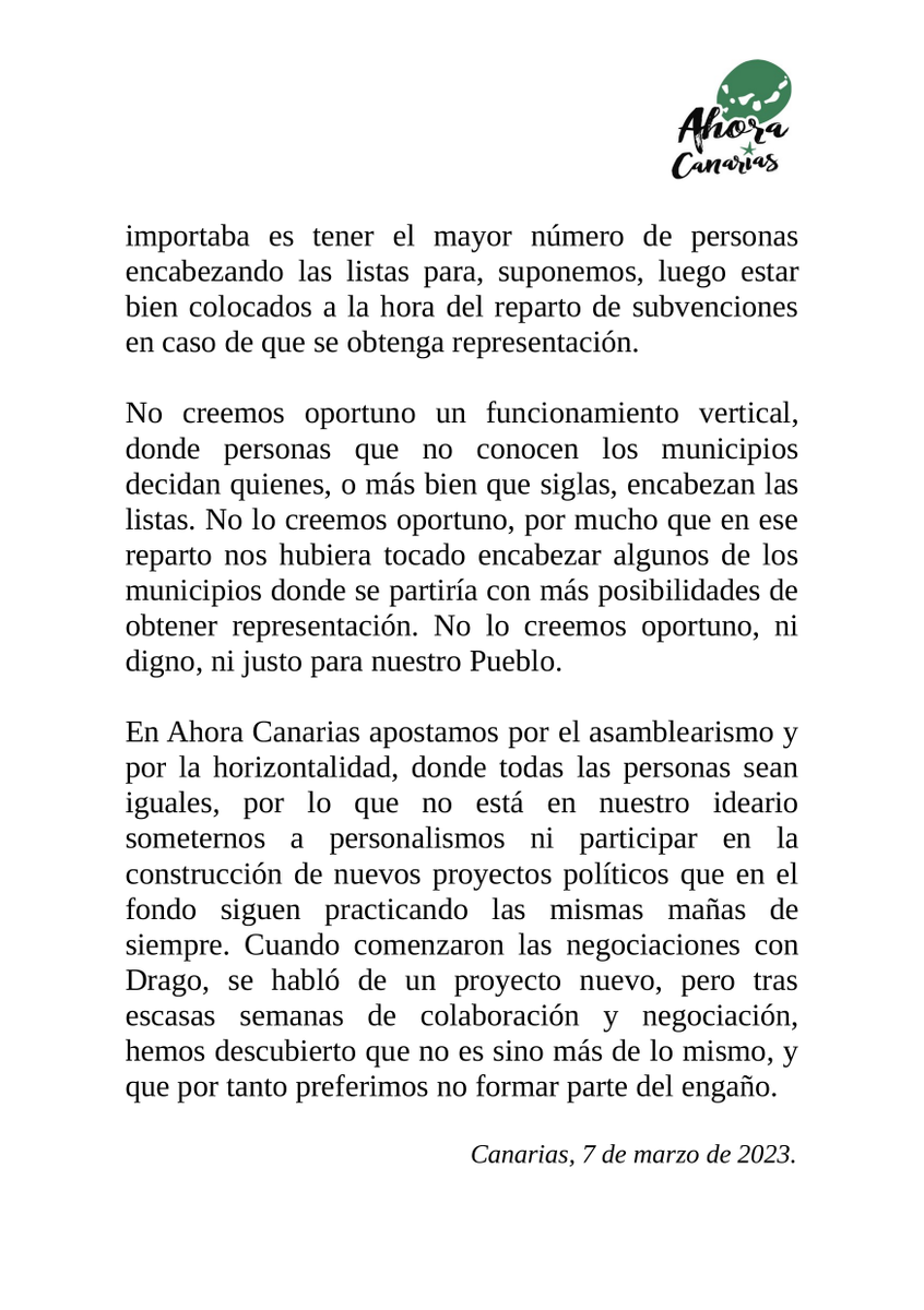 Ahora Canarias decide abandonar la coalición Drago Verdes Canarias para seguir luchando por #Canarias
