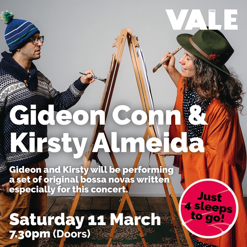 4 sleeps to go. Local legendary songwriters 🎵 and visual artists 🎨 Gideon Conn and Kirsty Almeida will come together in one almighty collaboration for a magical concert. 👉 Tickets: tinyurl.com/2w5htm7a #GideonConn #KirstyAlmeida #LiveMusic #TheVale #liveatTheVale