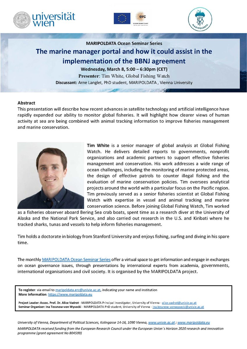 MARIPOLDATA (@maripoldata) on Twitter photo The <a href="/UN/">United Nations</a> reached a consensus for a #HighSeasTreaty 🙌🌊In our next ocean seminar, Tim White <a href="/GlobalFishWatch/">Global Fishing Watch</a> will introduce the marine manager portal & how it can assist the #BBNJ agreement implementation.
@ArneLa_10 as discussant
08.03.2023, 05:00 pm(CET) maripoldata.eu/newsevents/#ma… The <a href="/UN/">United Nations</a> reached a consensus for a #HighSeasTreaty 🙌🌊In our next ocean seminar, Tim White <a href="/GlobalFishWatch/">Global Fishing Watch</a> will introduce the marine manager portal & how it can assist the #BBNJ agreement implementation.
@ArneLa_10 as discussant
08.03.2023, 05:00 pm(CET) maripoldata.eu/newsevents/#ma…