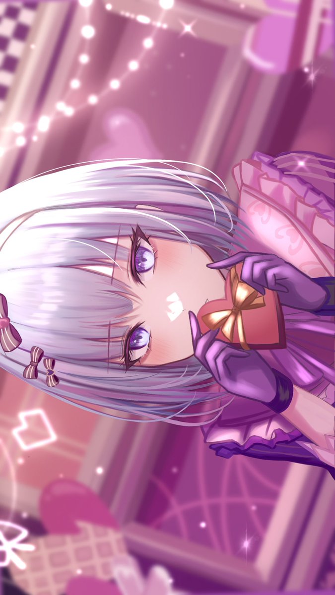 1girl gloves purple eyes solo looking at viewer valentine box  illustration images