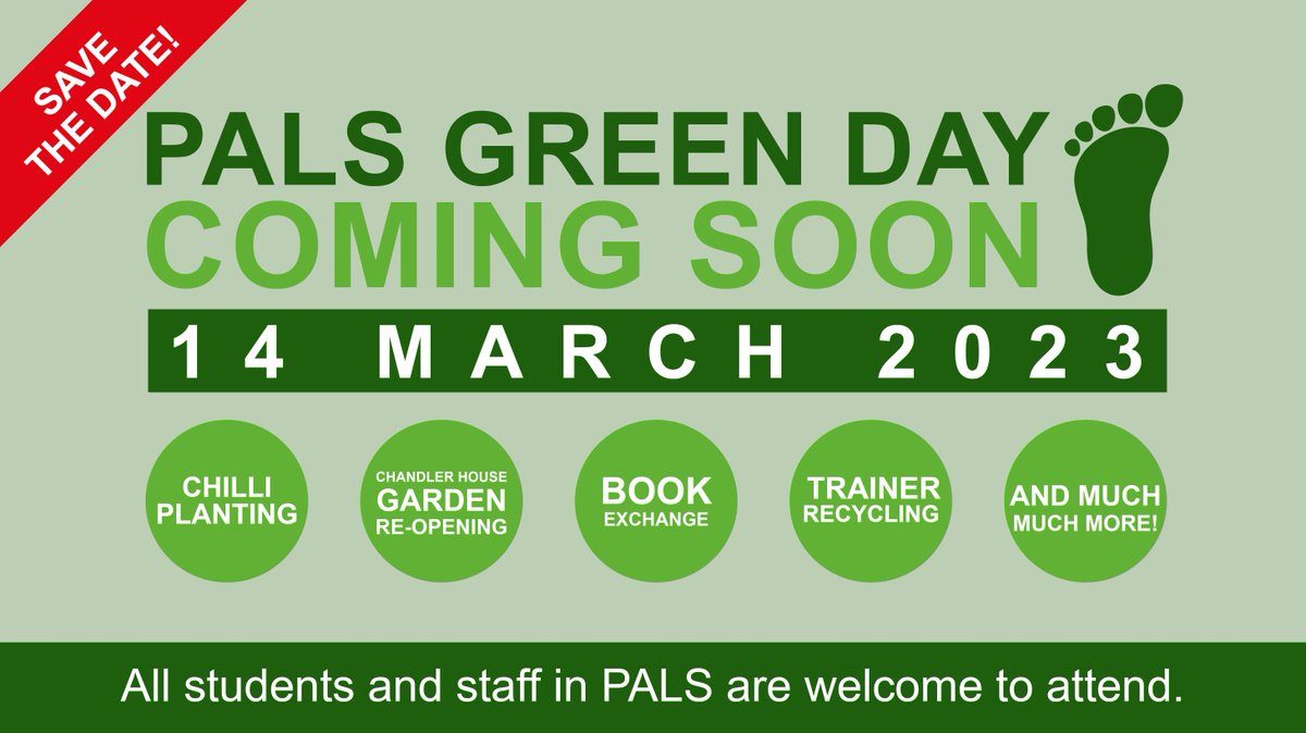 🚨 SAVE THE DATE!!🚨 PALS Green day 2023 is almost upon us! Highlighting all the amazing intitatives the Green impact team have implimented and much more. PALS Staff &amp; students all welcome. Check out our webpage for more details and updates. buff.ly/3IPlIlT #GreenUCLPALS