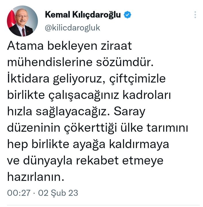 Daha fazla beklemeden vereceğiniz müjde ile hem ailelerimizi mutlu etmek hem de mesleğimize kavuşmak istiyoruz.
<a href="/kilicdarogluk/">Kemal Kılıçdaroğlu</a> <a href="/meral_aksener/">Meral Akşener</a> <a href="/VahitKirisci/">Prof.Dr.Vahit Kirişci</a> <a href="/NumanKurtulmus/">Numan Kurtulmuş</a> <a href="/fuatoktay/">Fuat Oktay</a> <a href="/ademdinc_/">Adem Dinç</a> <a href="/RTErdogan/">Recep Tayyip Erdoğan</a>  <a href="/hasandogan/">Hasan Doğan</a>
#CbZiraate15BinOnay