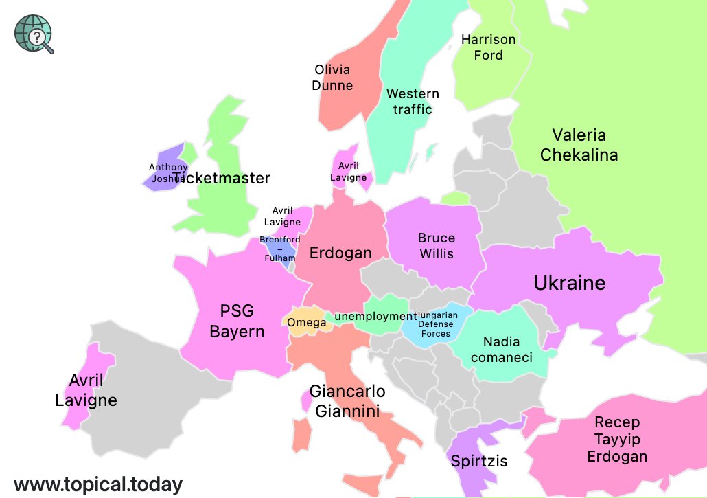 TopicalMaps's tweet image. Top Google Trends in Europe by country today. 

#AvrilLavigne #BrentfordFulham #ChelseaDortmund #BruceWillis 

More info at topical.today/regions/europe