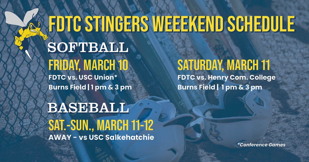 TechSoftball's tweet image. This Friday at the Burns Field, the Lady Stingers take on Region 10 opponent USC-Union! It&apos;s going to be an exciting match! #StingerNation #FloDarTech