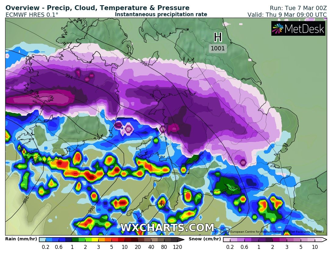 Most of #Wales will see #snow at some point over the next 24 - 48hrs. First south, then the rest of Wales as warm moist air collides with cold Arctic air. Latest Arpege model going for 40/50cm+ on high ground🤔 but disruption likely at lower levels too 🚗