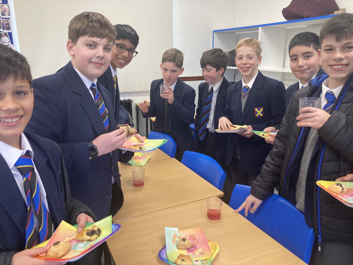 To mark the Jewish festival of Purim today, our new Jewish Society (JSoc) enjoyed a fun session eating hamantashen (delicious pastry bites) and listening to an abridged version of the story of Purim (known as the Megillah) told by Sixth Former, Alfie! #Purim2023 #jsoc