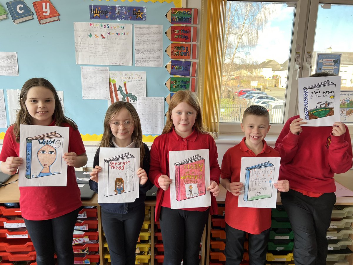 MissCockburnP54's tweet photo. P5/4 with their amazing book covers they designed last week on World Book Day with Mrs Stevenson! @DPSMrsStevenson @DeansPrimary https://t.co/ZySLDJjMHP