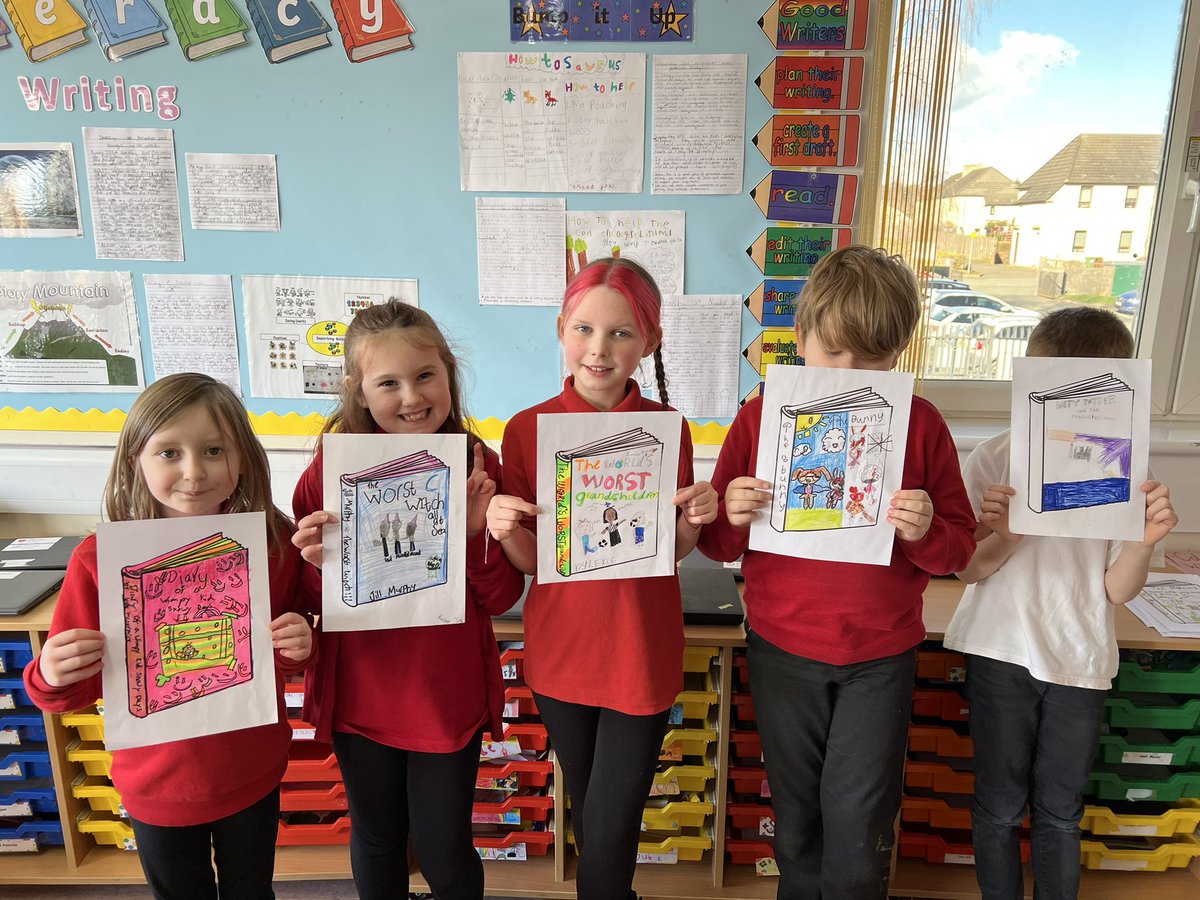 MissCockburnP54's tweet photo. P5/4 with their amazing book covers they designed last week on World Book Day with Mrs Stevenson! @DPSMrsStevenson @DeansPrimary https://t.co/ZySLDJjMHP