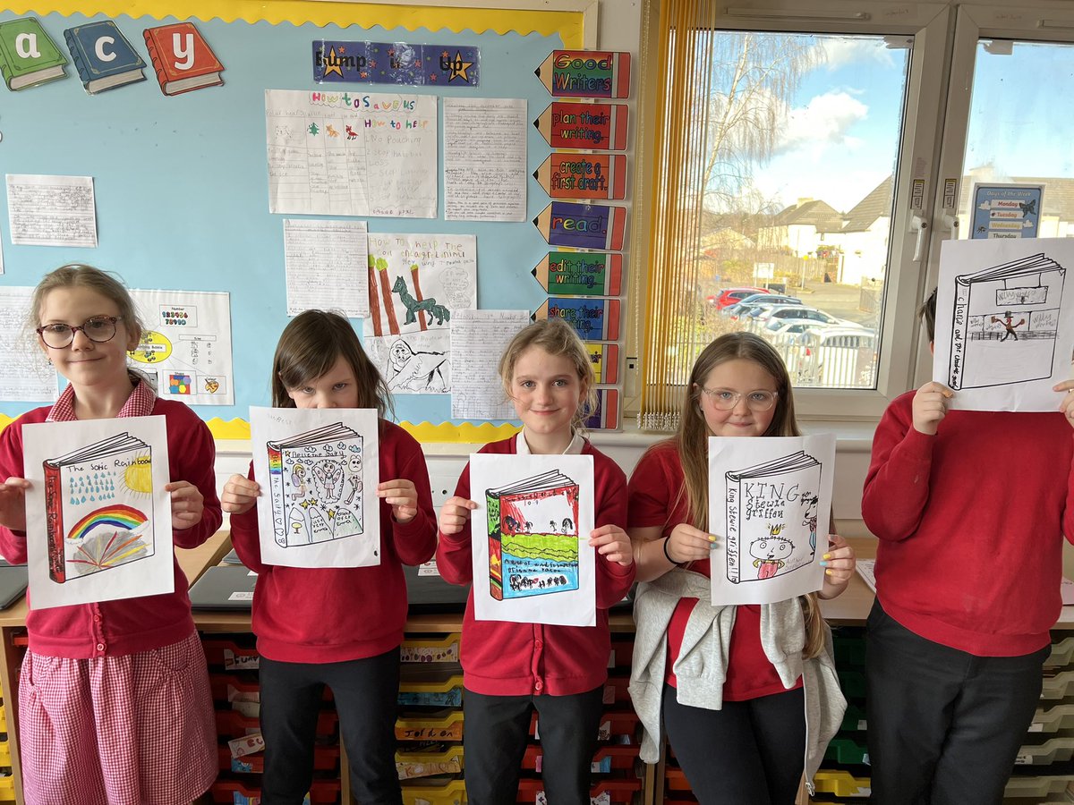 MissCockburnP54's tweet photo. P5/4 with their amazing book covers they designed last week on World Book Day with Mrs Stevenson! @DPSMrsStevenson @DeansPrimary https://t.co/ZySLDJjMHP