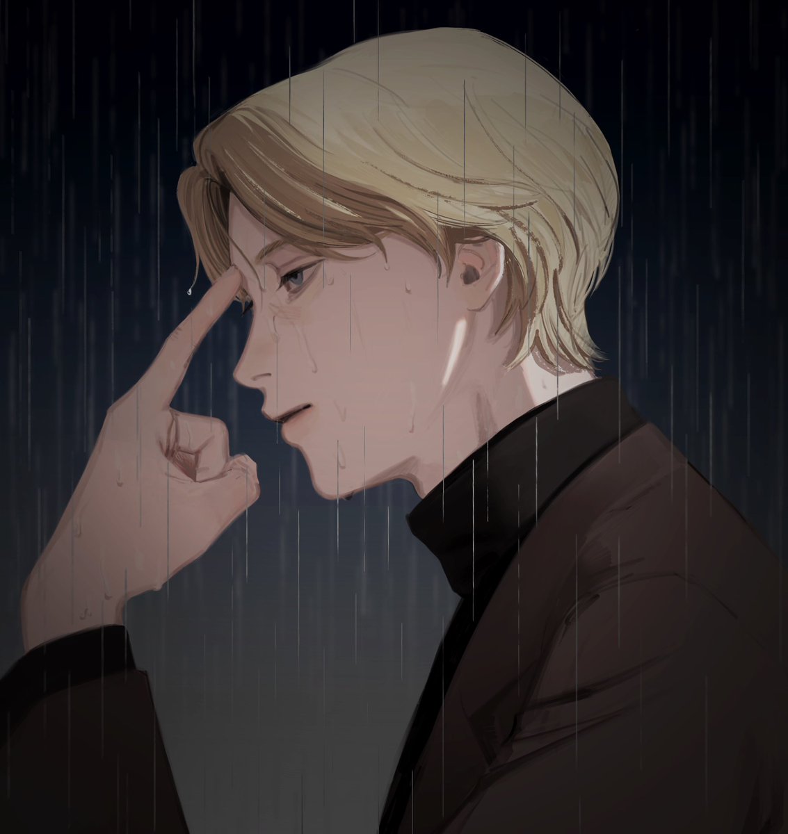 1boy male focus blonde hair rain solo short hair upper body  illustration images