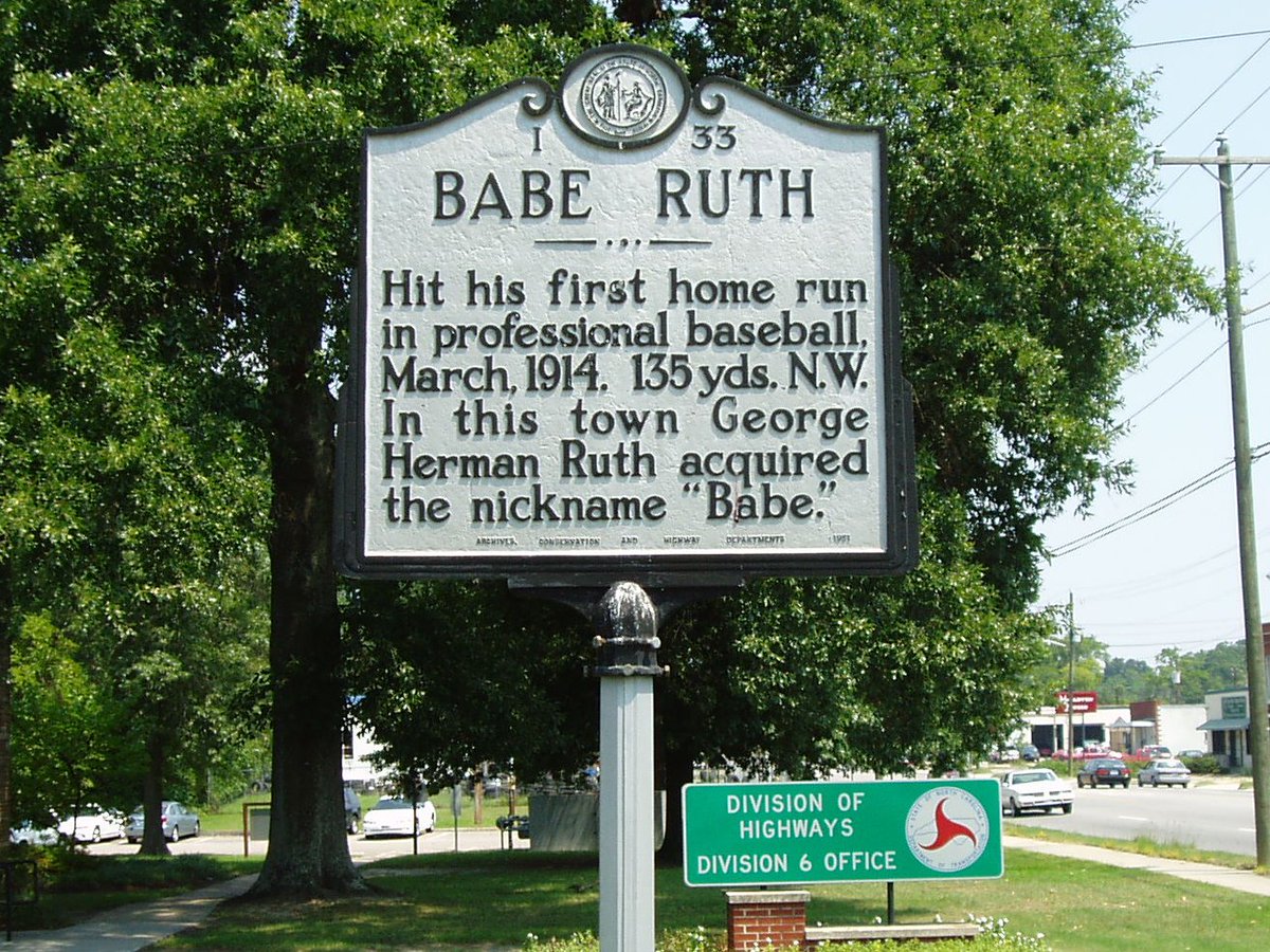 #OnThisDay in 1914, George Herman Ruth Jr. hit his first home run as a professional baseball player and gained the nickname “Babe” in Fayetteville. This marker sits right by marker program partners <a href="/NCDOT/">NCDOT</a> Div. 6. ncmarkers.com/Markers.aspx?M…